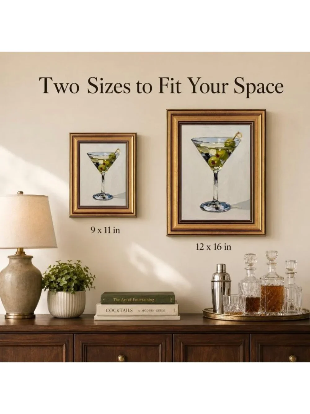Vintage Martini Glass Wall Art - Gold Framed Canvas Print, Classic Cocktail